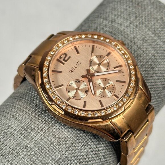 Fossil Relic Watch Womens 36mm Pave Bezel Day Date Rose Gold Tone New Battery - Picture 1 of 11